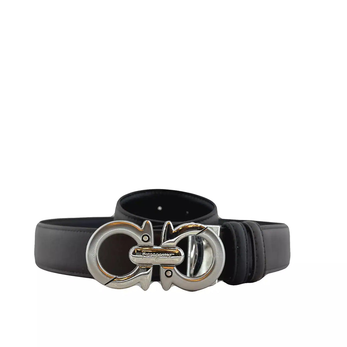 Ferragamo Gancini Leather Belt 'Black Silver' (Unisex)
